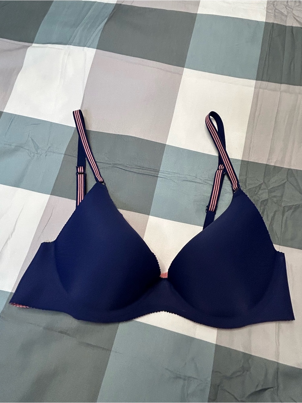 Navy T-Shirt Bra with Striped Adjustable Straps